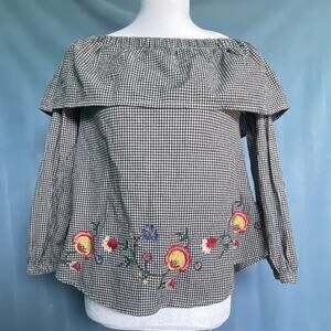 cklass Black White Off-the-Shoulder Gingham Embroidered Floral Blouse S